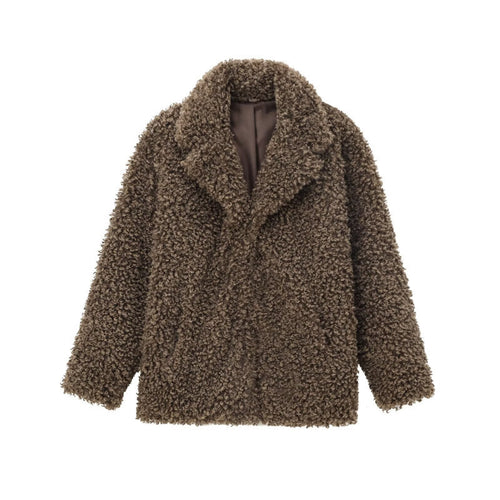 Damen Oversize-Kunstfell‑Teddyjacke mit Schalkragen und gefüttertem Innenfutter Drune