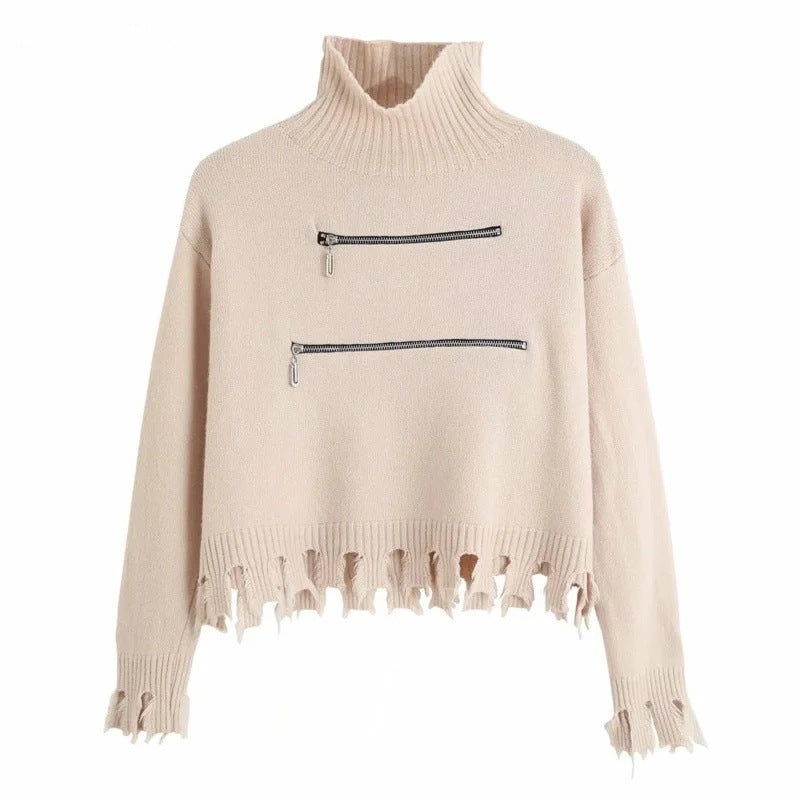 Damen stylischer Stehkragenpullover mit zwei asymmetrischen Reißverschlusstaschen und fransigem Saum Drune