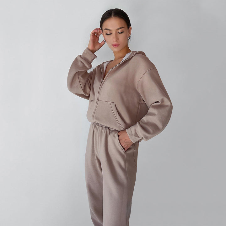 Damen lässiges Fleece-Set mit Kapuze und elastischem Bund Drune