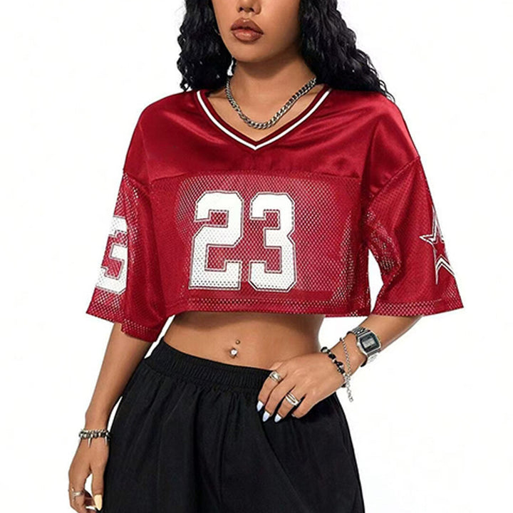 Damen sportliches Crop-Top aus atmungsaktivem Mesh-Material mit Nummer CD-Drune