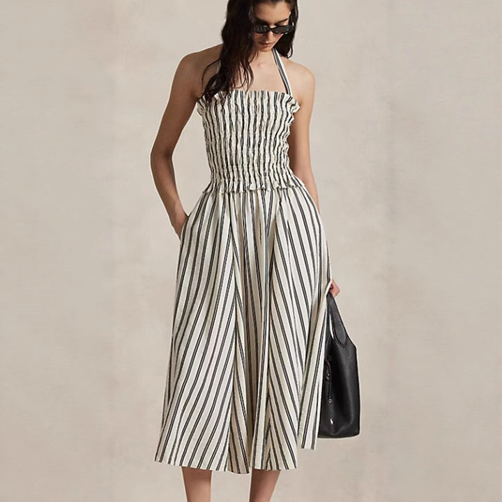 Damen nan Midikleid mit Smokoberteil, verstellbarem Halterband, weitem A-Linien-Rock und Eingrifftaschen Drune