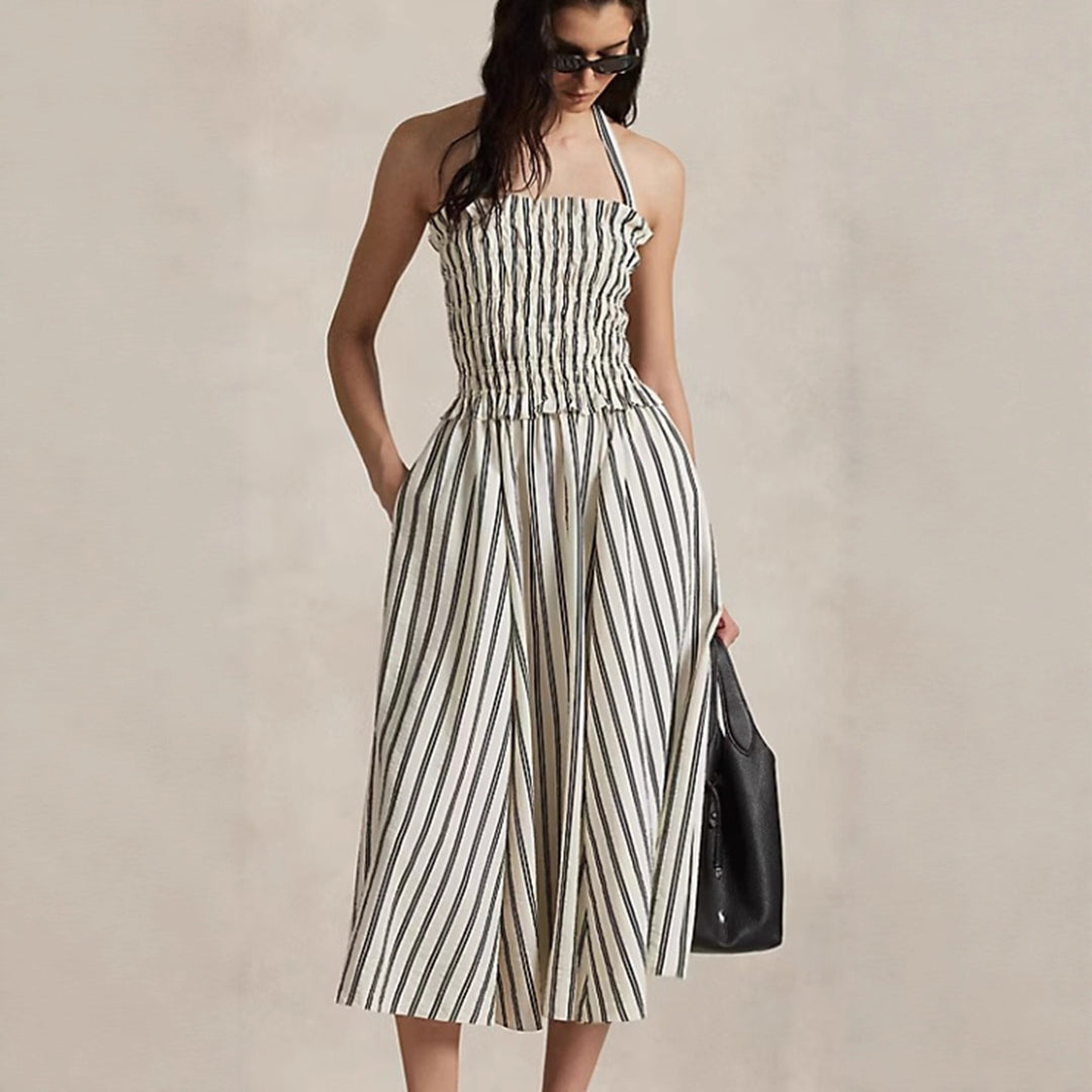 Damen nan Midikleid mit gerafftem Smock-Oberteil, abnehmbarem Neckholder und Eingrifftaschen Drune