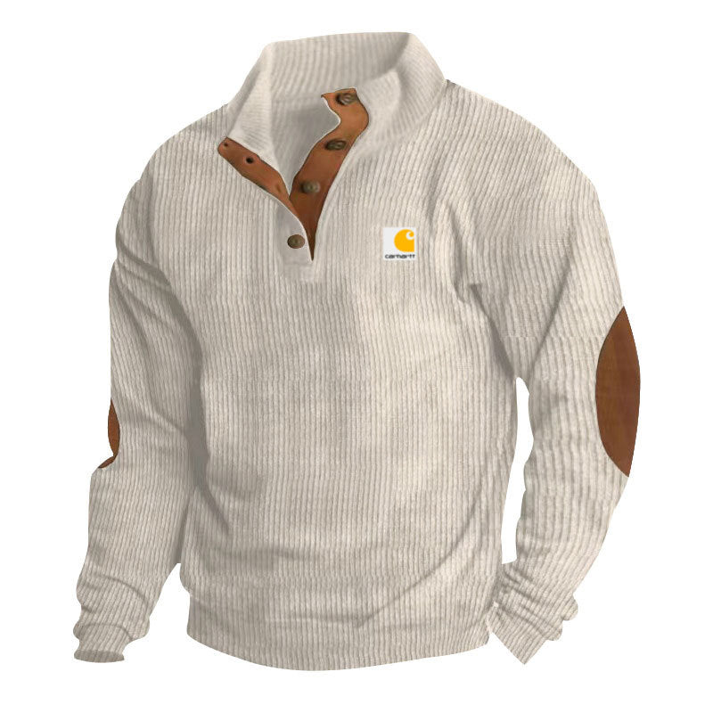 Herren nan Strickpullover im Troyer-Stil mit Stehkragen Lederbesatz Druckknopfleiste und Ellbogen-Patches Drune