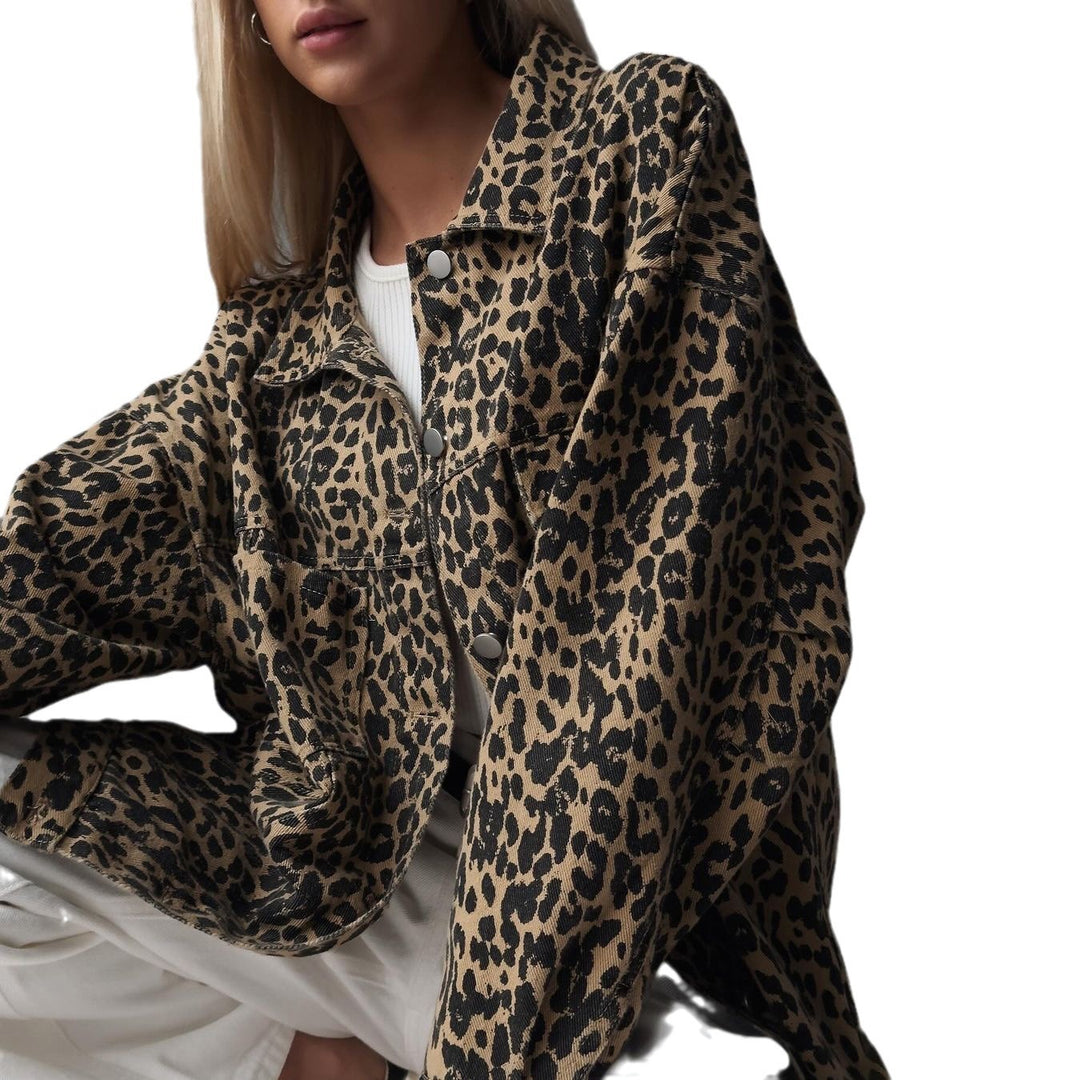 Damen Oversize-Jeansjacke mit Leopardenprint und aufgesetzten Brusttaschen Drune