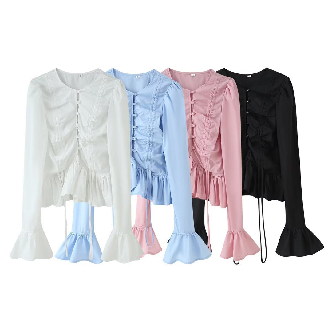 Damen Rüschenbluse mit Kordelzug‑Frontraffung, Volant‑Saum und Glockenärmeln Drune