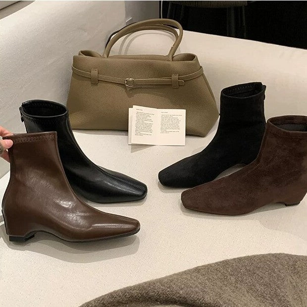 Damen Knöchelhohe Leder-Stiefelette mit quadratischer Zehenpartie, Mittelnähte und elastischem Schaft Drune