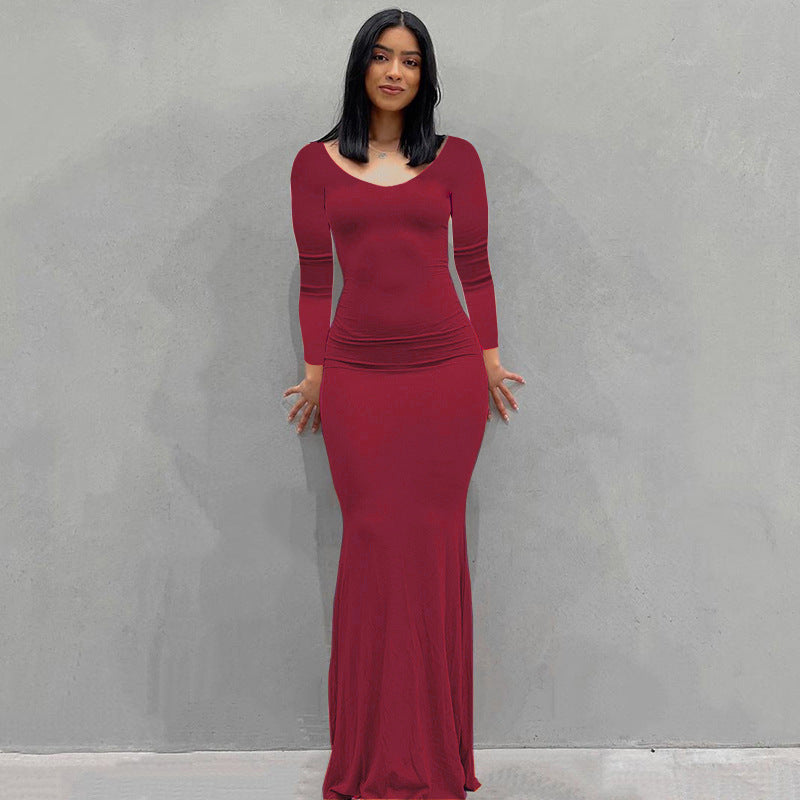 Damen Körperbetontes Maxi‑Jerseykleid mit taillierter Drapierung, langen Ärmeln und ausgestelltem Saum Drune