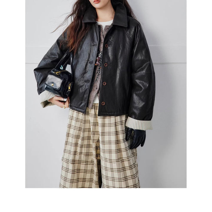 Damen Moderne Lederjacke mit gestreiften Manschetten Drune