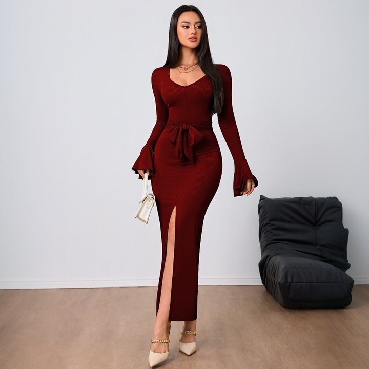 Damen figurbetontes Maxikleid mit V-Ausschnitt Trompetenärmeln Taillenband und hohem Seitenschlitz Drune