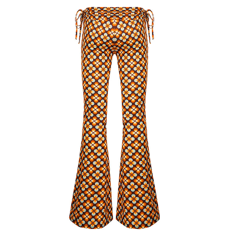 Damen Schlaghose mit Retro-Blumenprint und verstellbarem Tunnelzugbund Drune