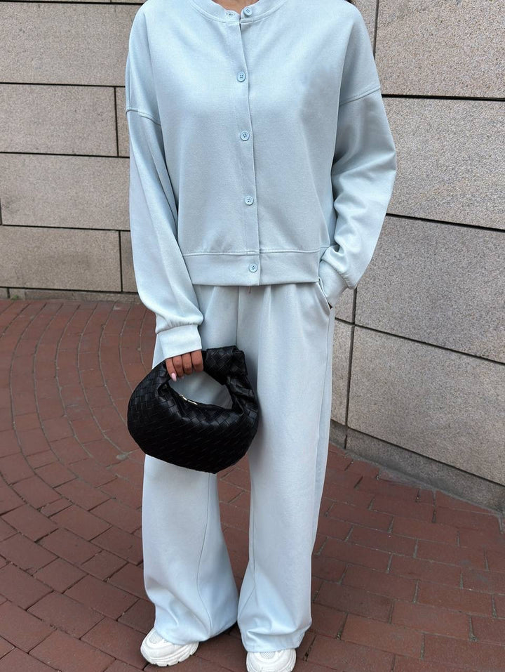 Damen Zweiteiliges Loungewear-Set mit verdeckter Druckknopf-Cardigan und weiten High-Waist Jogpants Drune