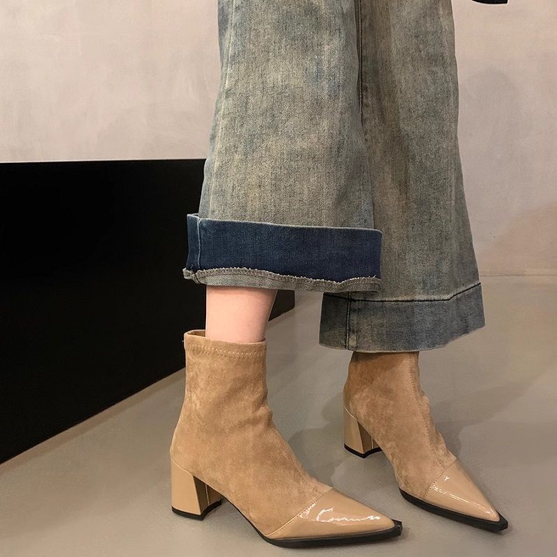 Damen Spitz zulaufende Stiefelette mit Wildlederschaft, patentierter Zehenkappe und sculpted Blockabsatz Drune