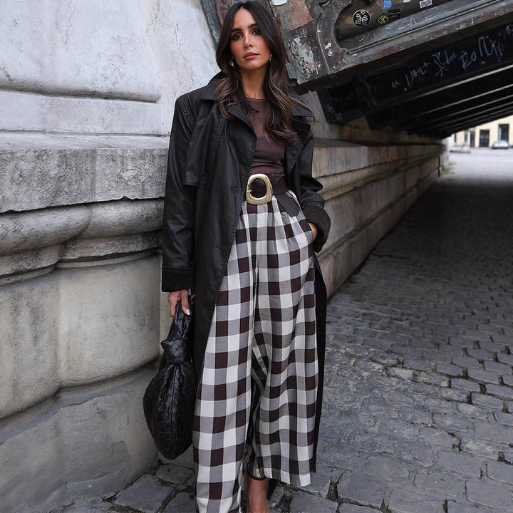 Damen Karo-Hochtaillierte Palazzo-Hose mit weitem Bein & Bundfalten Drune