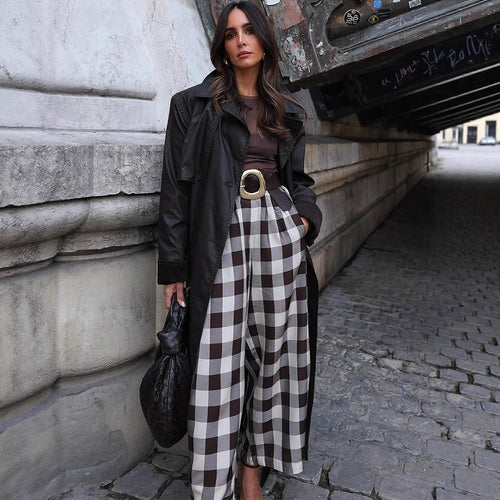 Damen Karo-Hochtaillierte Palazzo-Hose mit weitem Bein & Bundfalten Drune
