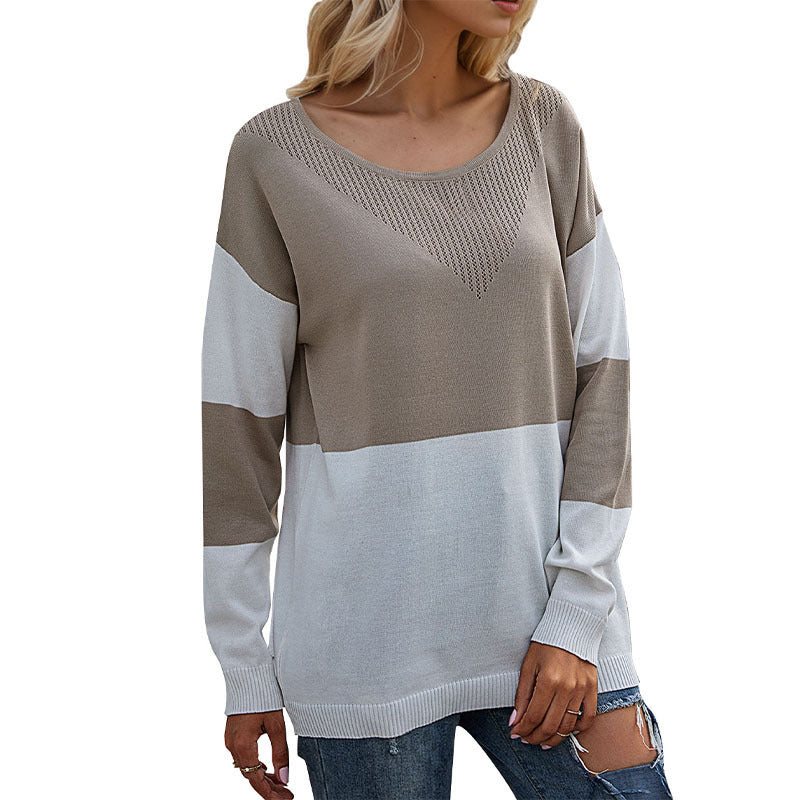 Damen Oversize Strickpullover mit Rundhals, Ajour-Dreieck und Blockstreifen Drune