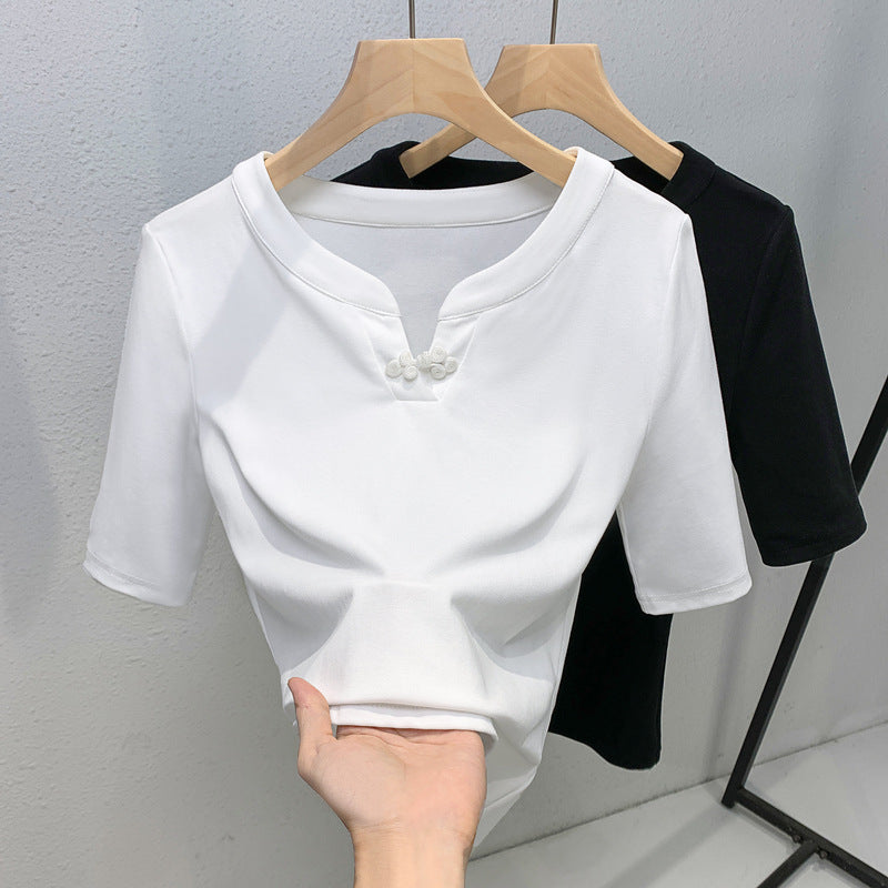 Damen modisches Kurzarmoberteil mit stilvollem Kragen und Knopfdetails Drune