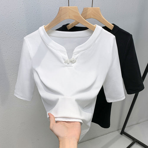 Damen modisches Kurzarmoberteil mit stilvollem Kragen und Knopfdetails Drune