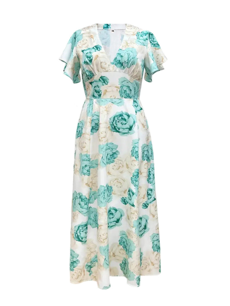 Drune | V-Ausschnitt Temperament elegant große Größe gedruckt Kleid