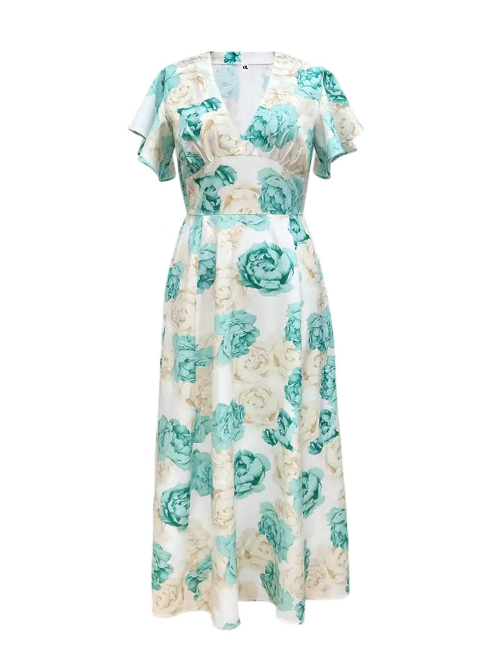 Drune | V-Ausschnitt Temperament elegant große Größe gedruckt Kleid