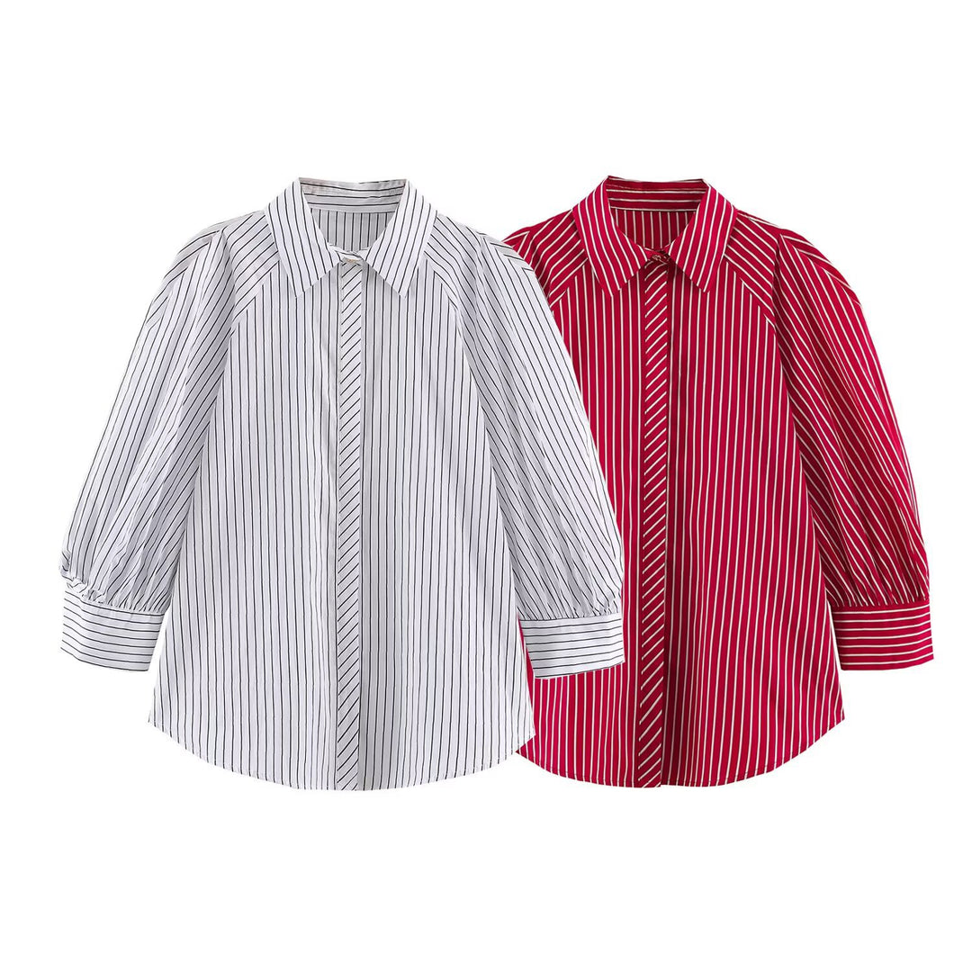 Damen Längsgestreifte Oversize-Hemdbluse mit betonten Puffärmeln Drune