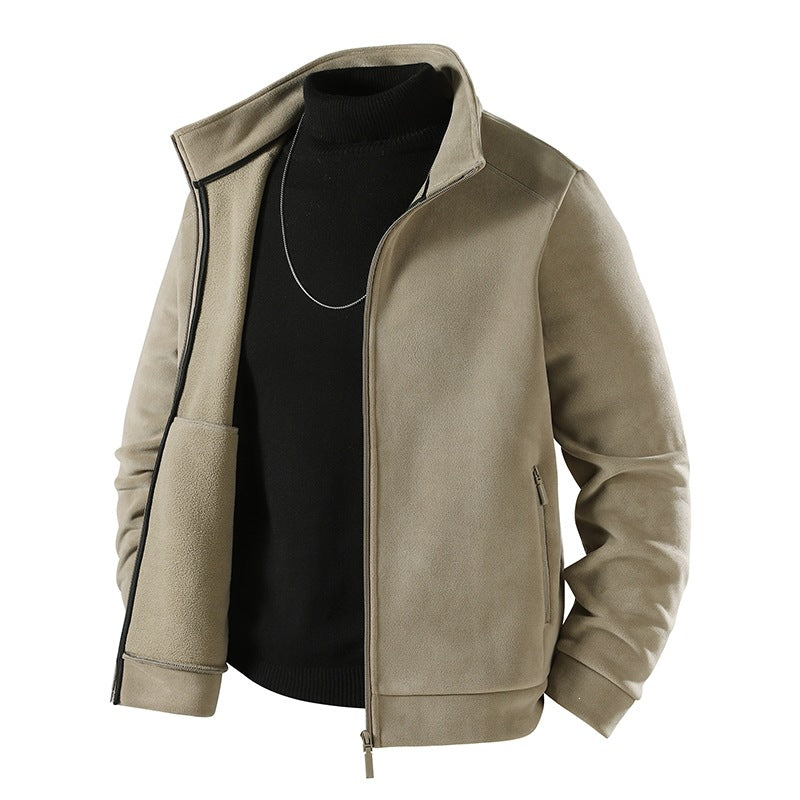 Herren Schlichte Velours-Optik Übergangsjacke mit hochschließendem Stehkragen, verdecktem Zwei-Wege-Reißverschluss & Zip-Taschen Drune