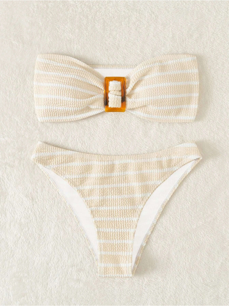Damen Bandeau-Bikini mit modischem Streifenmuster und dekorativer Schnalle Drune