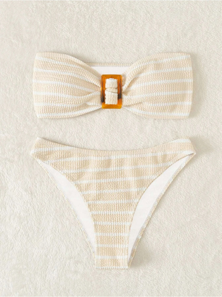 Damen Bandeau-Bikini mit modischem Streifenmuster und dekorativer Schnalle Drune