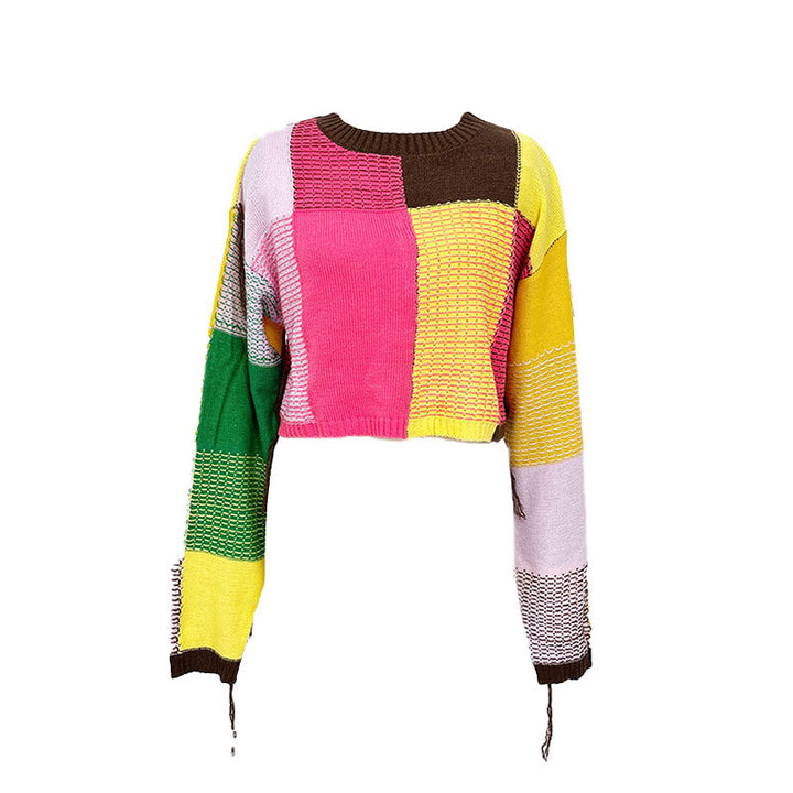 Damen modischer cropped Pulli mit buntem Patchwork-Design Drune
