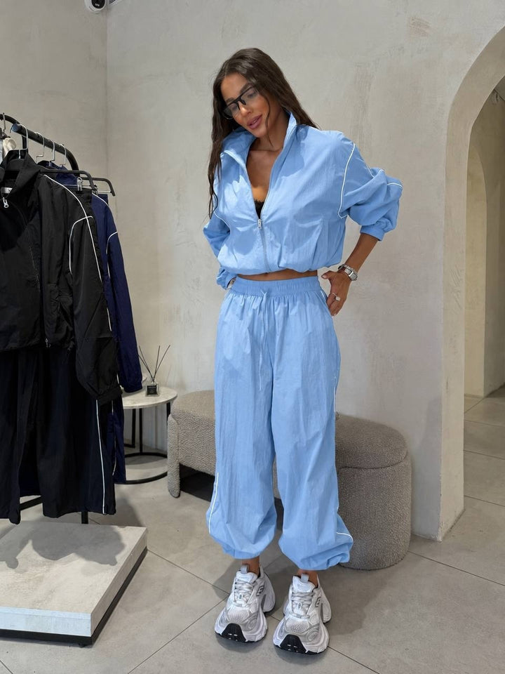 Damen Kurzgeschnittenes Windbreaker-Set mit weiter Trackhose und Kontrastpaspel Drune
