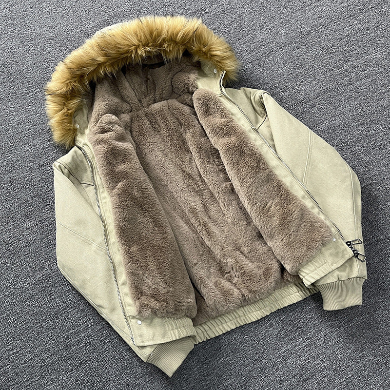 Unisex Wattierte Bomberjacke mit großer Kapuze und Kunstfellbesatz Drune