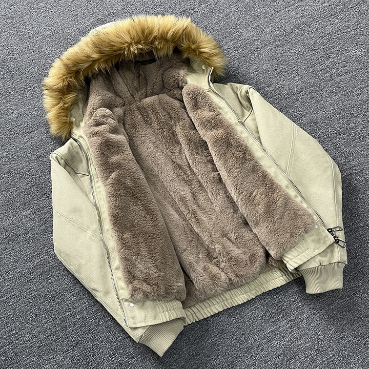Unisex Wattierte Bomberjacke mit großer Kapuze und Kunstfellbesatz Drune