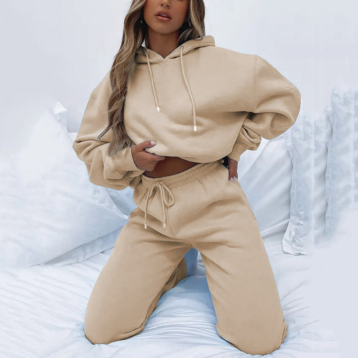 Damen kuscheliges Cropped-Kapuzen-Lounge-Set mit hochgeschnittener Tunnelzug-Jogginghose Drune