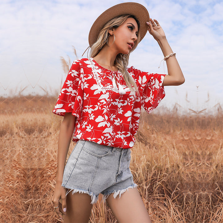 Damen Bluse mit floralem Muster und elegantem V-Ausschnitt Drune