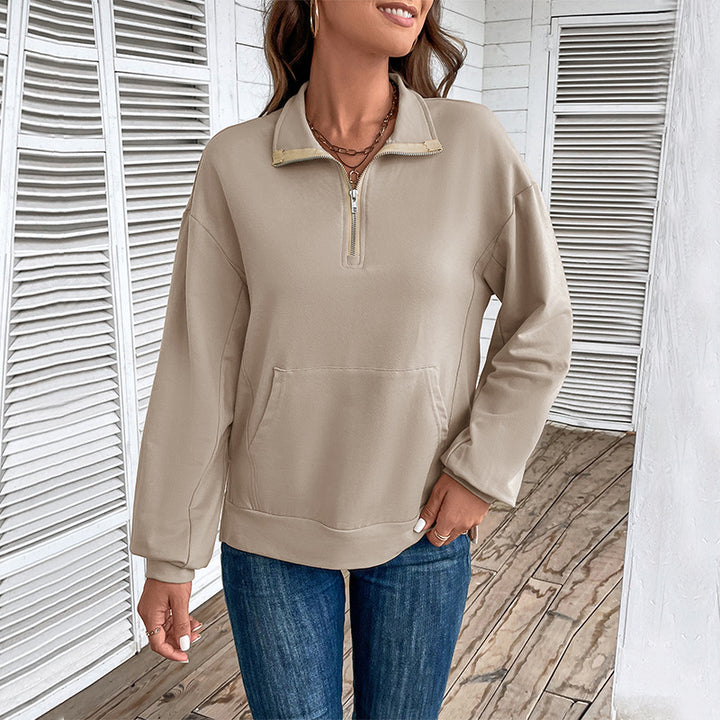 Damen Leichtes Halbzip-Sweatshirt im Relaxed-Fit mit Kängurutasche und Stehkragen Drune