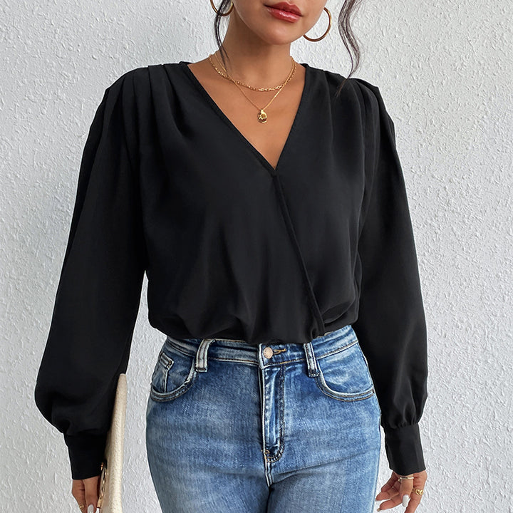 Damen Leichte Wickelbluse mit V-Ausschnitt, gerafften Schultern & Ballonärmeln Drune