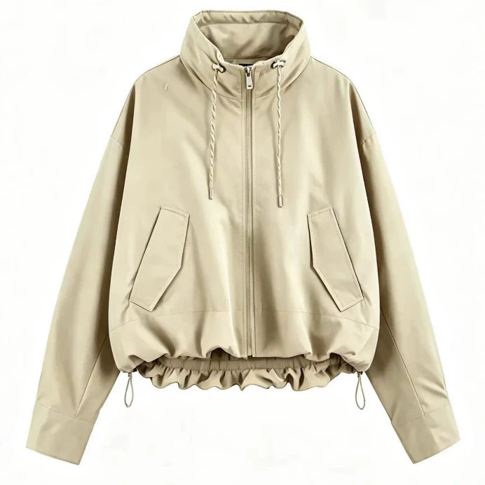 Damen Oversize Cropped Kapuzenjacke mit durchgehendem Reißverschluss, Kordelzug und gerafftem Saum Drune