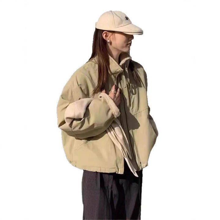 Damen Kurze Oversize Bomberjacke mit Teddyfutter an Bündchen und Stehkragen Drune