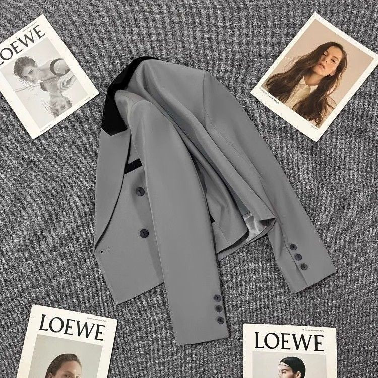 Damen modische cropped Doppelreiher Blazerjacke Drune