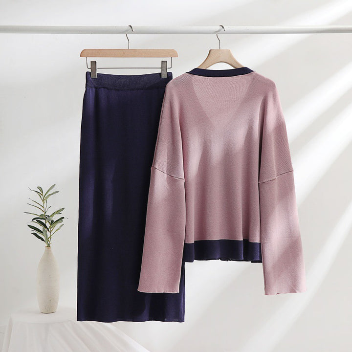 Damen elegantes Strick-Kombinationsset mit tiefem V-Ausschnitt und Kontrastdetails Drune