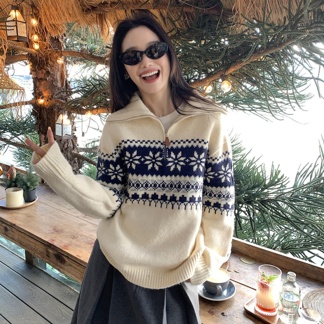 Damen Gemütlicher Strickpullover mit Stehkragen Drune