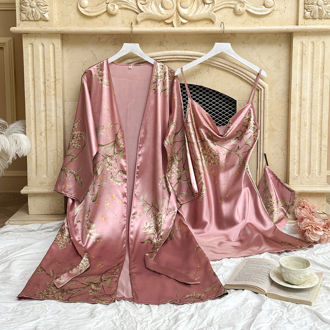 Damen Satin-Kimono und Nachthemd-Set mit floralem Design Drune