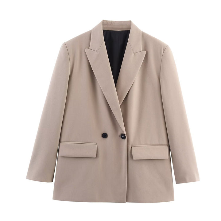 Damen Doppelreiher-Blazer mit Reverskragen, längerem Oversize-Schnitt und Pattentaschen Drune