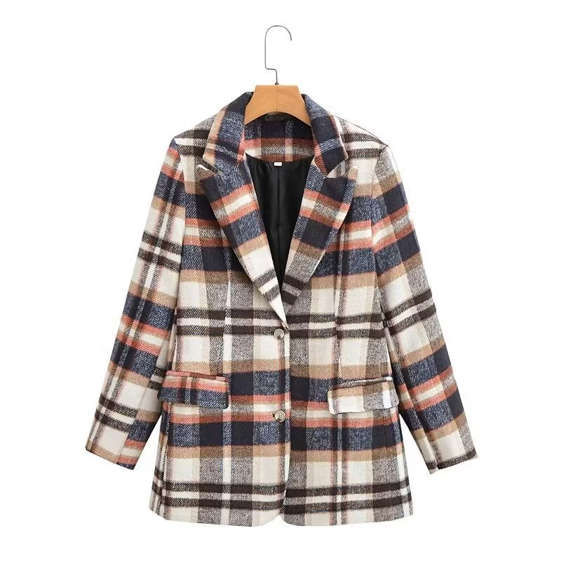 Damen Karierter Wollmix-Einreiher Blazer mit Reverskragen und Pattentaschen Drune