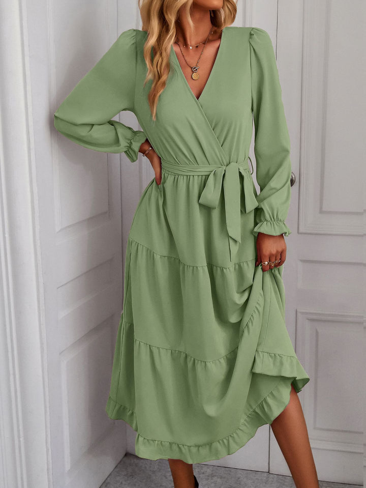 Damen Wickelkleid mit Rüschendetails und eleganten Puffärmeln Drune