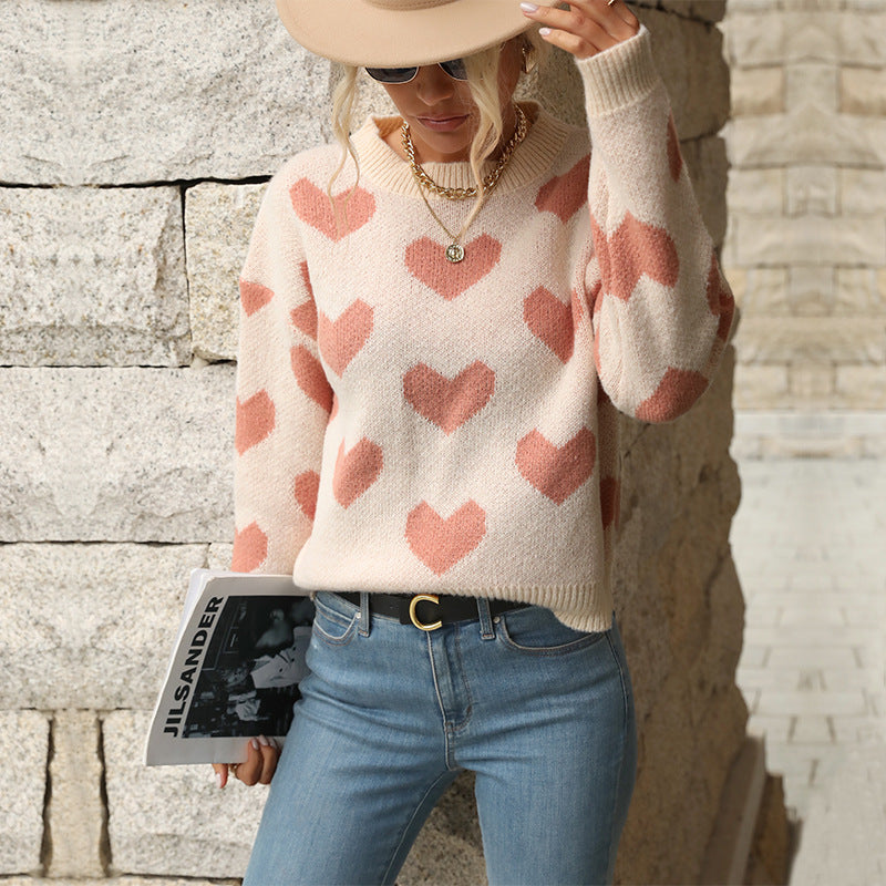 Damen Gemusterter Strickpullover mit Herzmotiven Drune