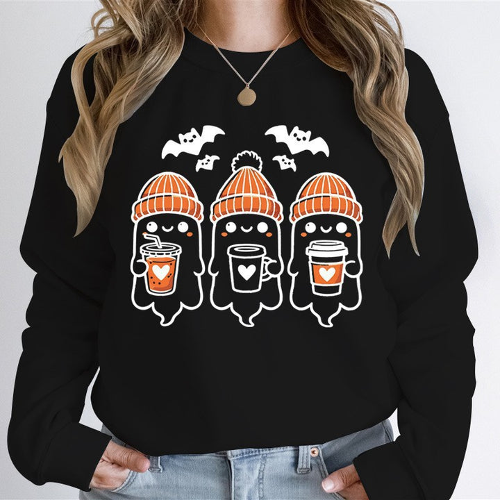 Damen nan gemütlicher Halloween Grafikpullover mit niedlichen Geist-Motiven, Rundhalsausschnitt und weichem Baumwollmix Drune