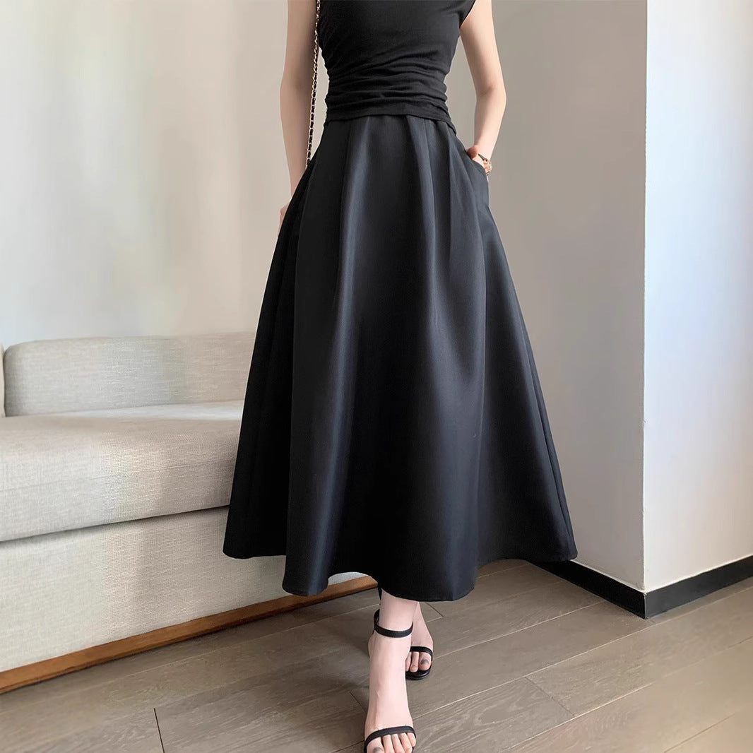 Damen Hochtaillierter Satin-Midirock mit A‑Linie und fließender Silhouette Drune