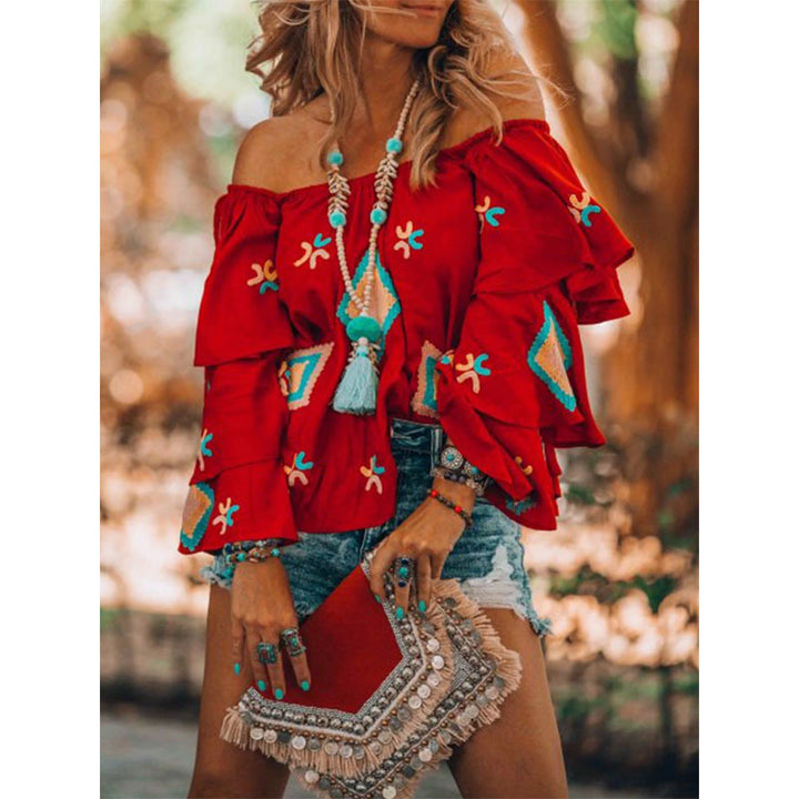 Damen Boho-Top mit Carmenausschnitt, gestuften Volantärmeln und aufwendiger Stickerei Drune