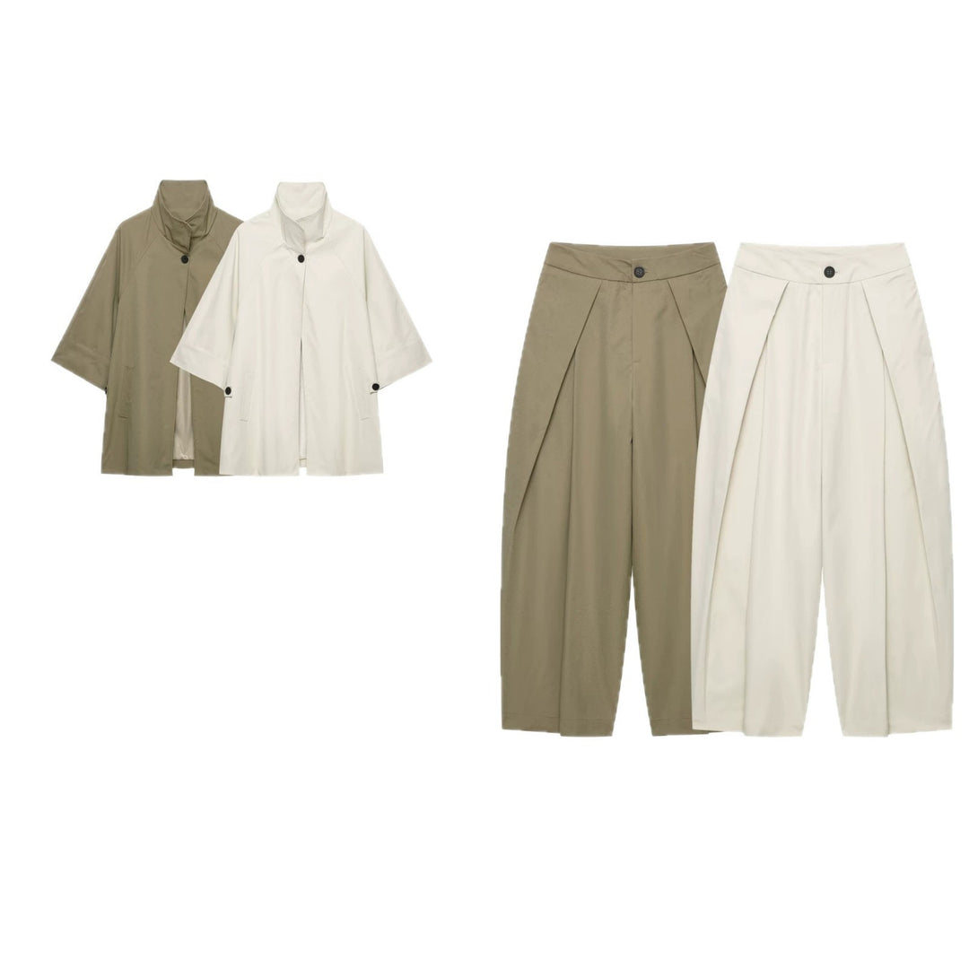 Damen Zweiteiler Kurzcape-Jacke mit Stehkragen und hochtaillierter Plissee-Culotte Drune