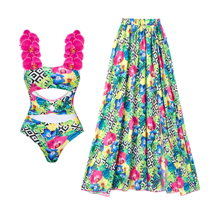 Damen Blumenmuster Badeanzug und Rock Set Drune